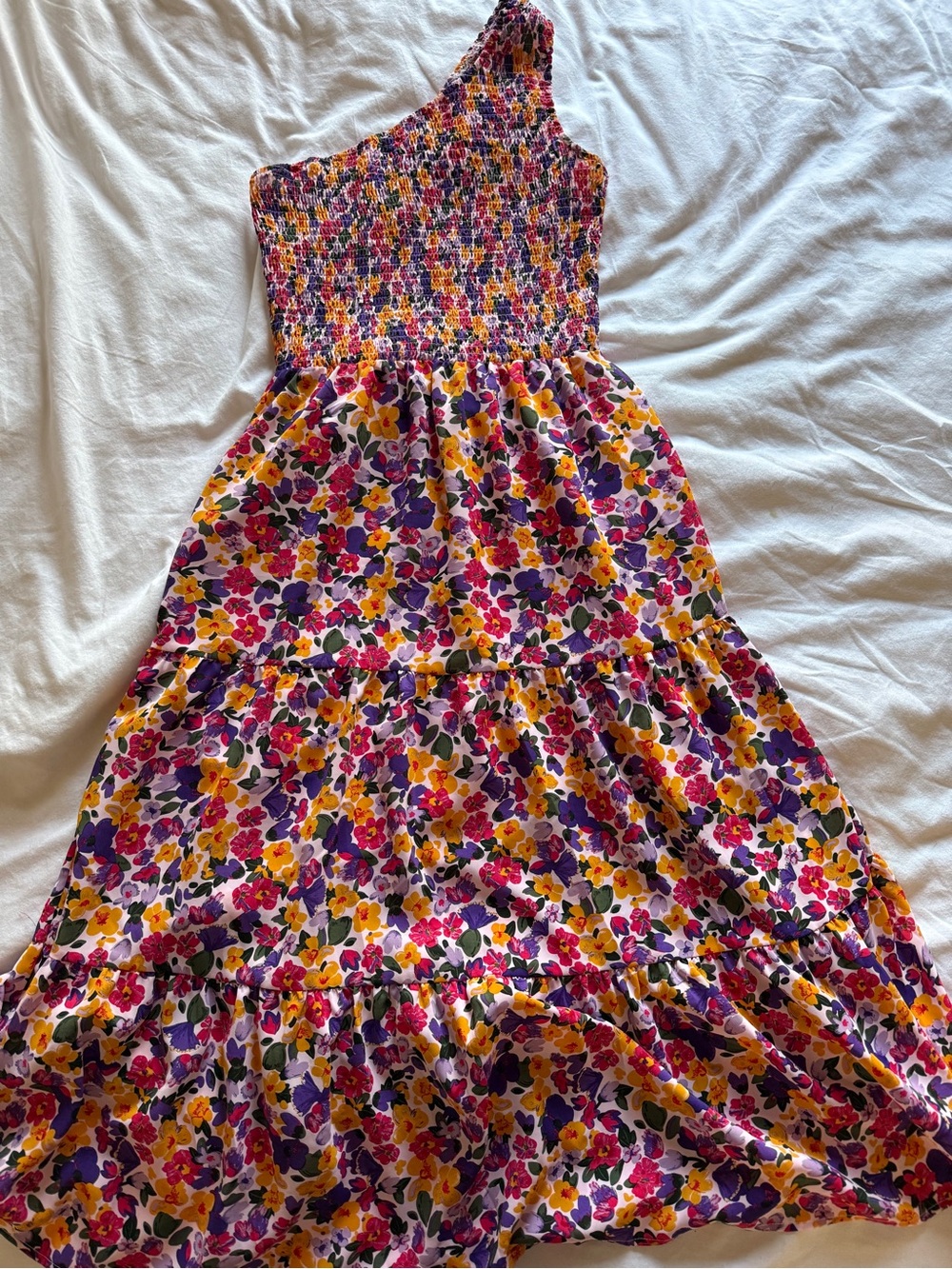One-Shoulder Floral Midi Dress in Purple, Yellow & Pink